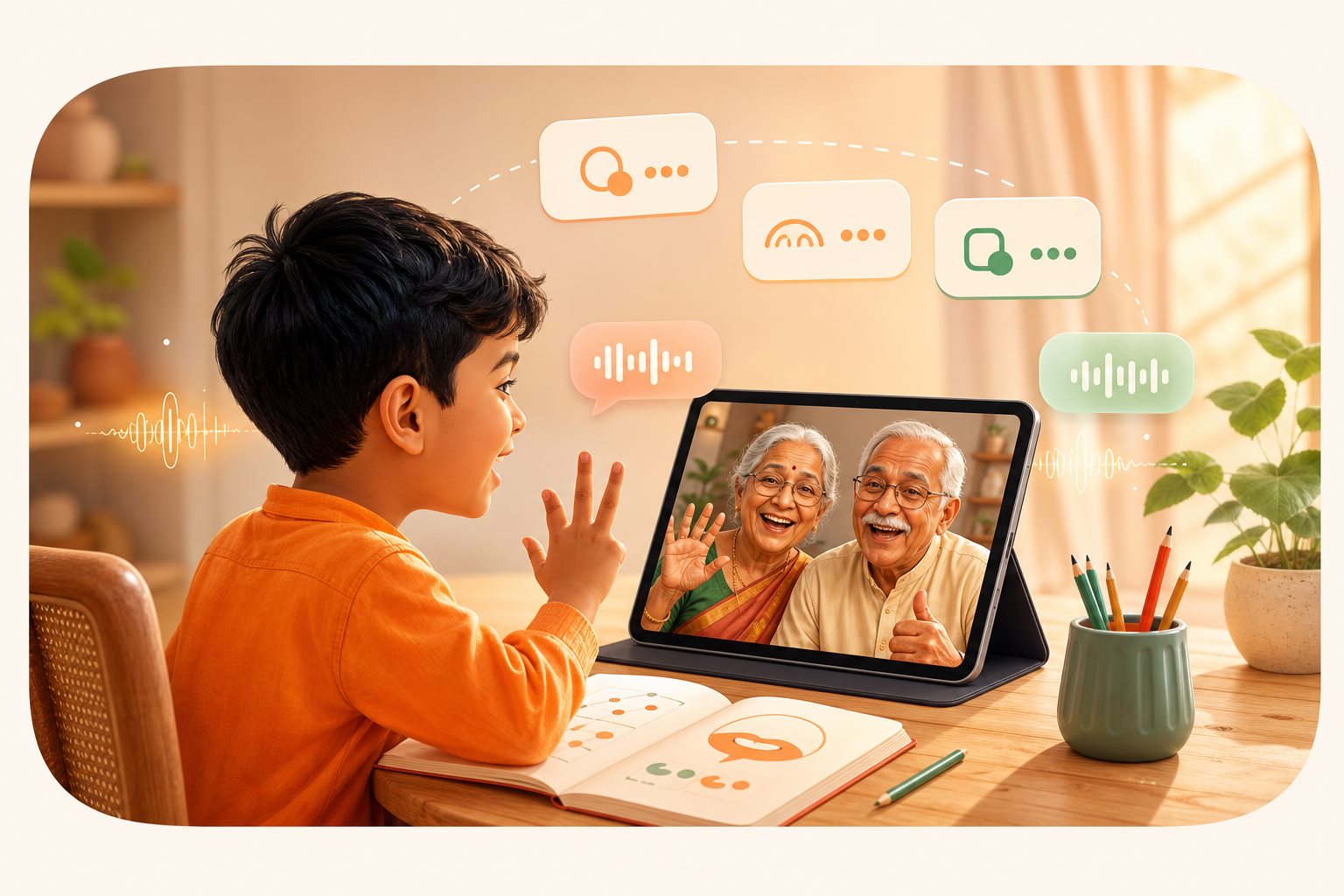 A child practising a heritage language with grandparents